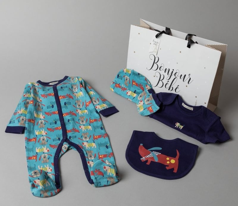 Organic cotton Bonjour bebe 6 piece sleepsuit, bodysuit, hat, mittens, bib and gift bag gift set