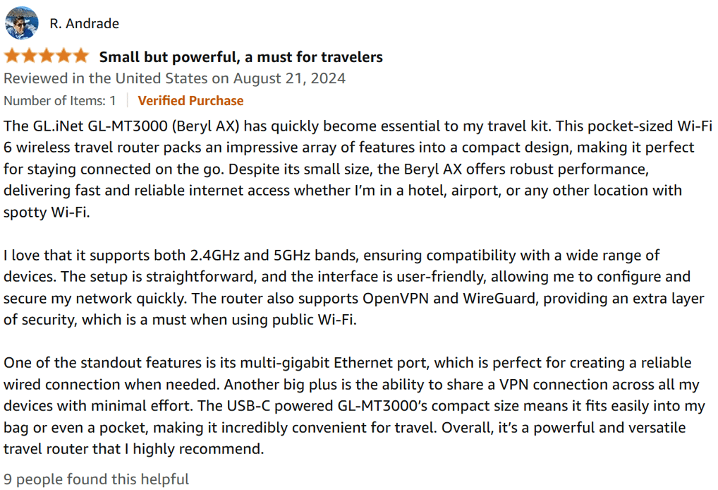5 star positive review of GL.iNet GL-MT3000 (Beryl AX) Portable Travel Router wifi 6 small and power