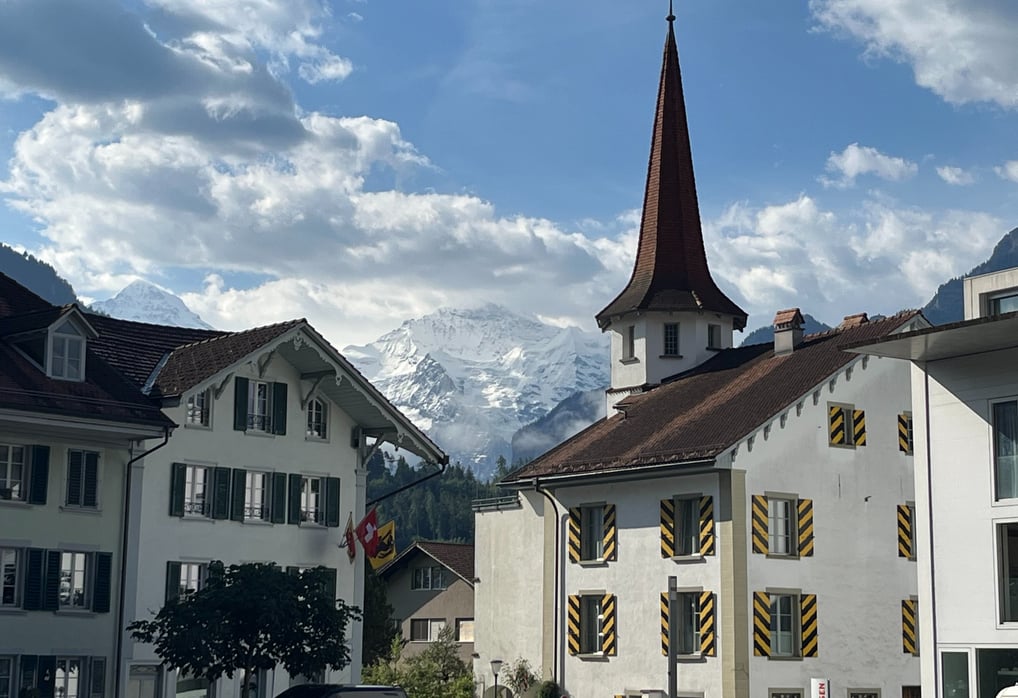 Jungfrau behind Schloss Unterseen in Interlaken Switzerland