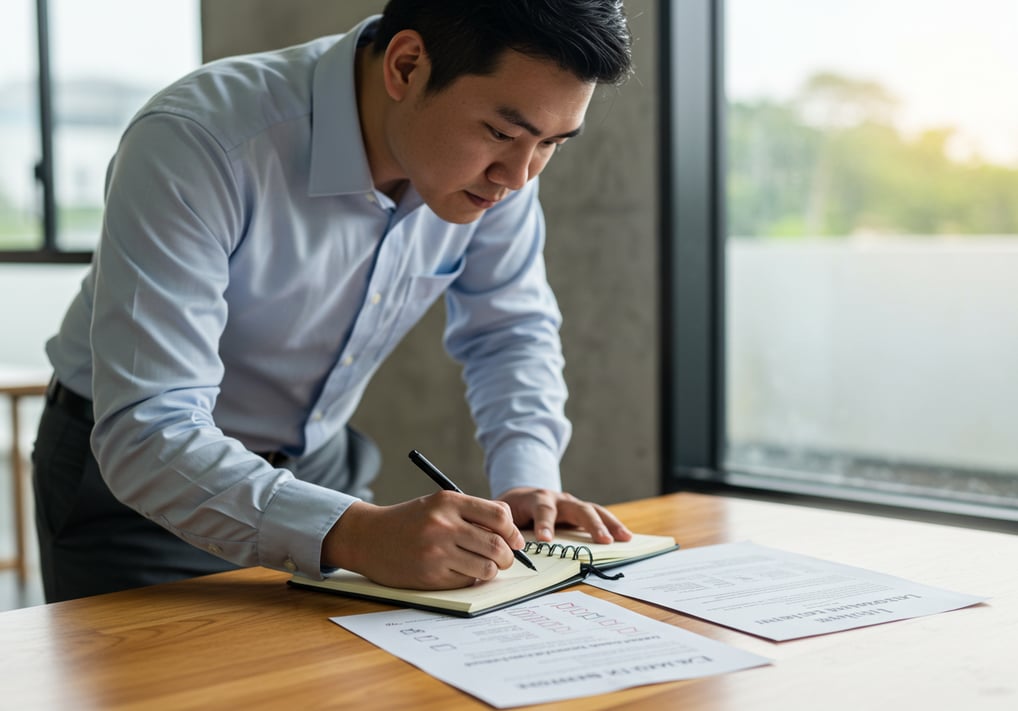 Person making notes after interview, with checklist of technical improvements visible.
