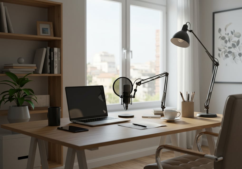 Professional Remote Interview Environment, computer on desk with mic and light