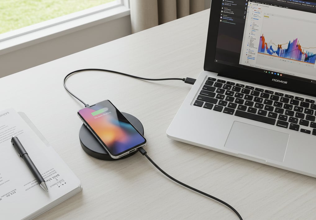 cell phone on wireless charging device plugged in on home office desk from above next to computer.