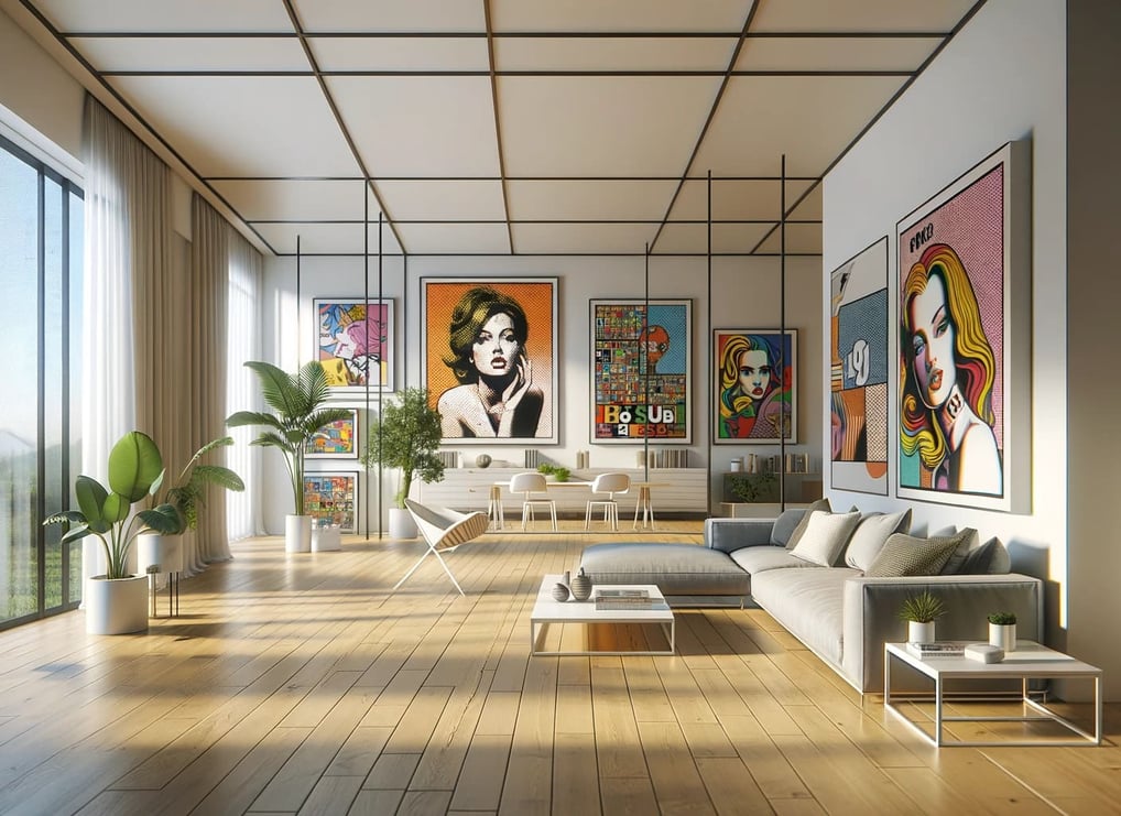 Sala de TV com decoração contemporânea, realçada por uma obra de arte POP-ART cheia de cores vivas.