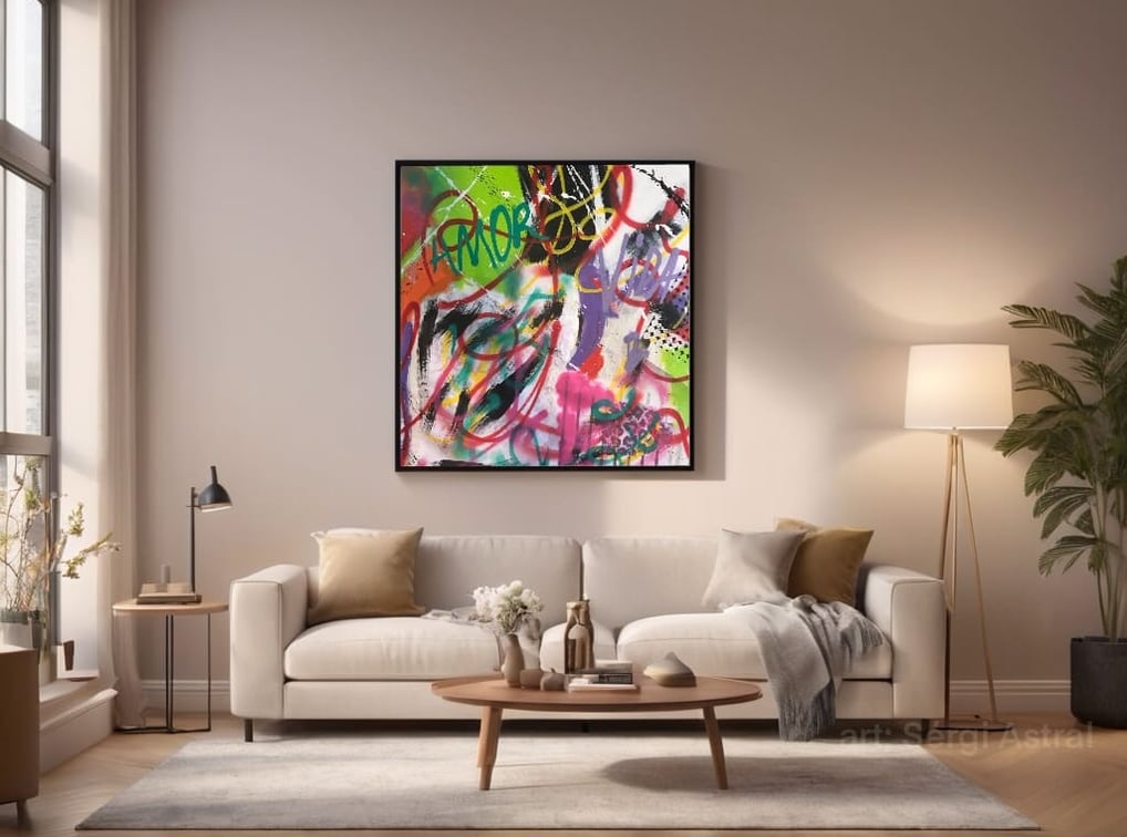 Sala de estar elegante com uma parede decorada com quadros de POP-ART, misturando arte moderna.