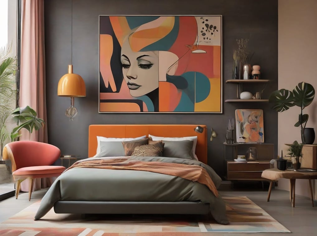 Sala de estar elegante com uma parede decorada com quadros de POP-ART, misturando arte moderna