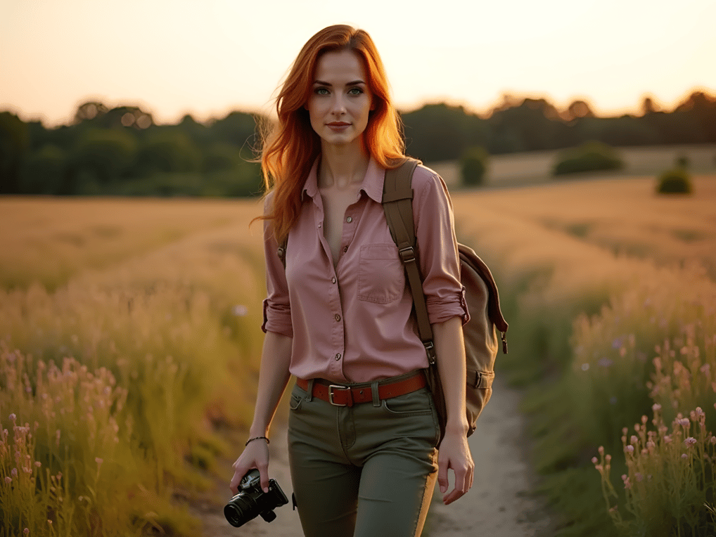 Skye on a sunset trail, capturing a photo with her vintage camera in hand