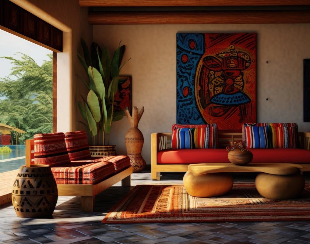 a living room with a couch and a painting