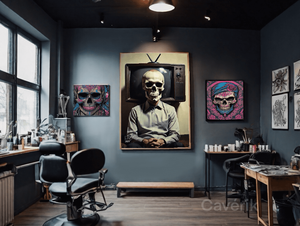 Quadro de caveira e tatuagem, criando uma atmosfera ousada e inspiradora para os clientes do studio.