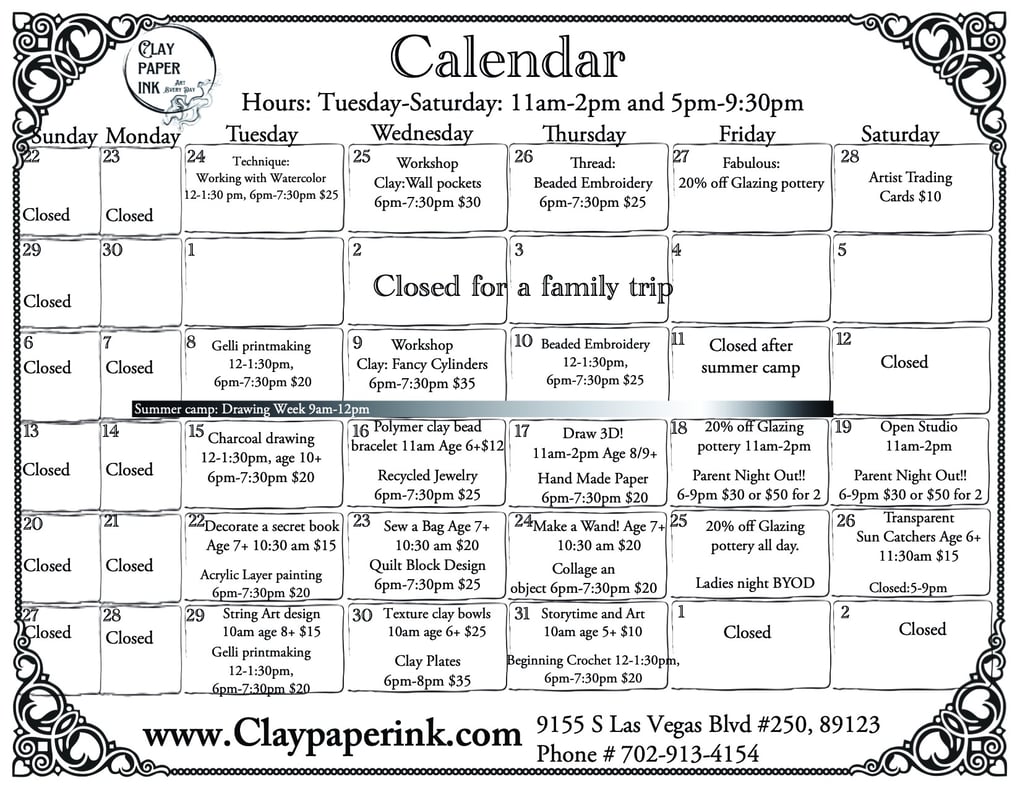 A calendar that shows what classes we have available this month