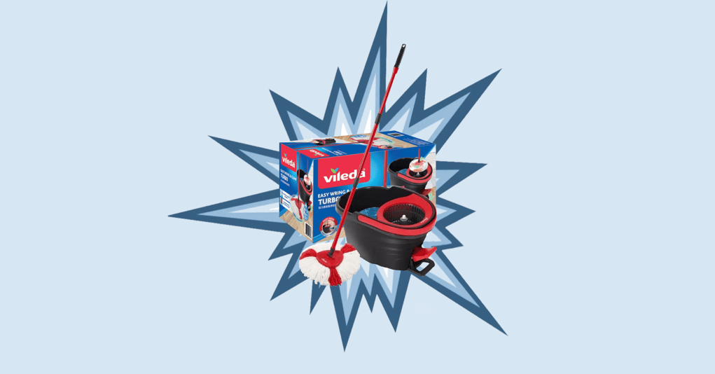 Vileda Easy Wring Turbo Spin Mop with packaging on a blue burst background.