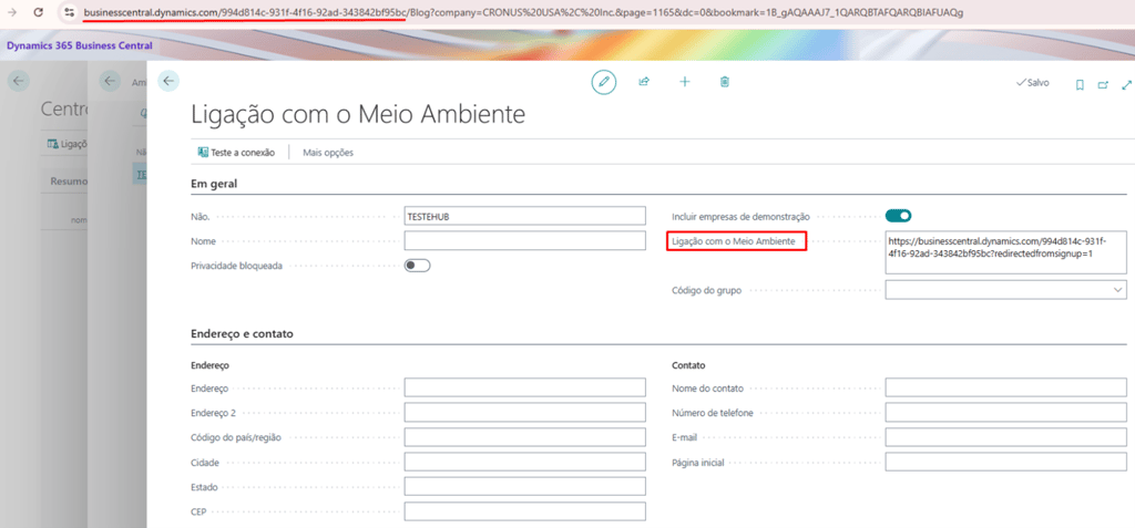 Dashboard interface showing Microsoft Dynamics 365 Business Central environment connection settings.