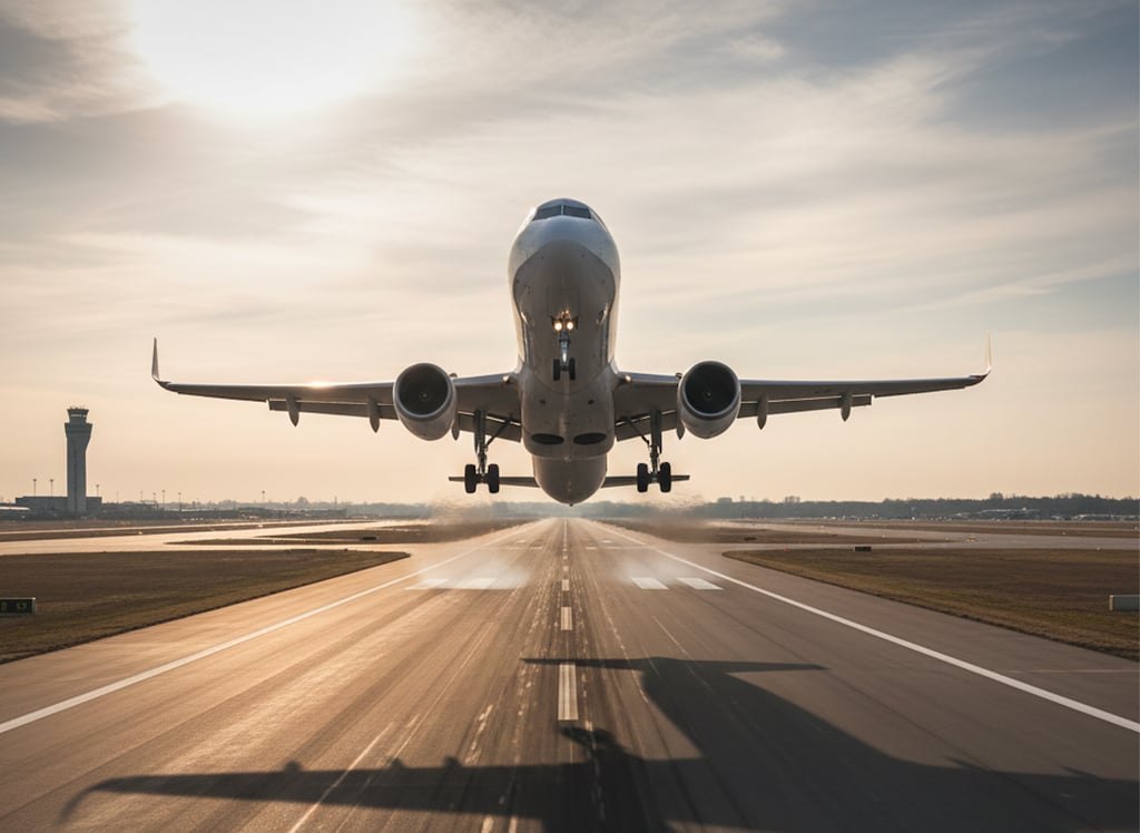 Jet airplane taking off from an airplane runway.