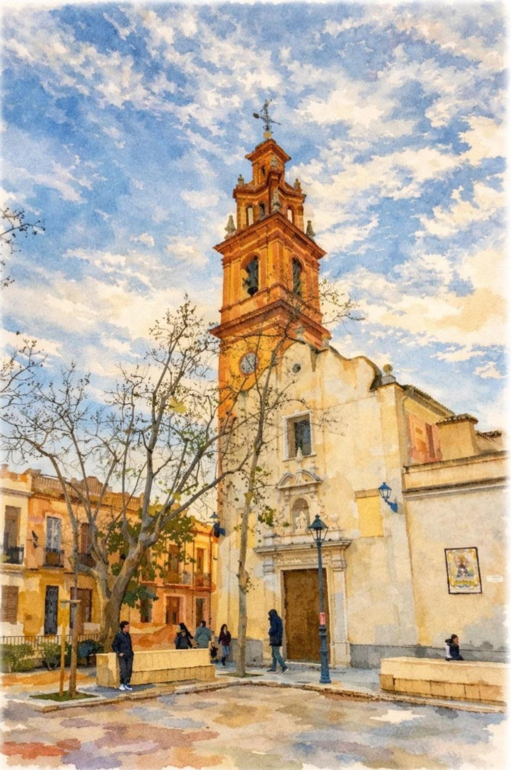 Watercolor painting of a historic Spanish church tower and town square under a bright blue sky.
