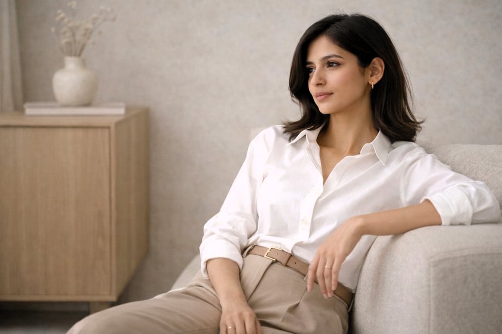 A woman in a white button-down shirt and tan trousers sitting on a beige sofa in a minimalist room.