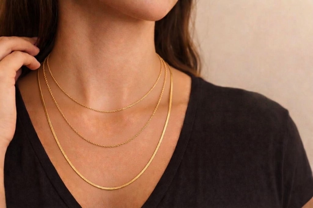Woman wearing layered gold necklaces featuring a dainty rope chain and a flat herringbone snake chain.