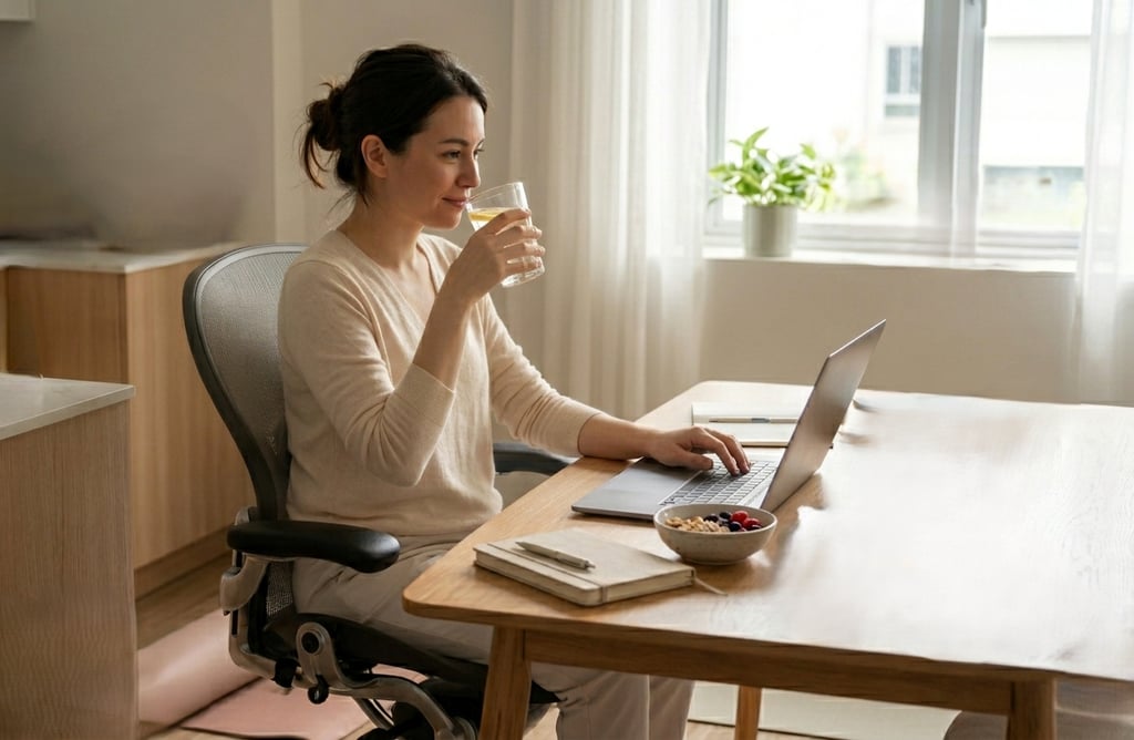 A woman drinking water while working on her laptop in a bright home office setting.