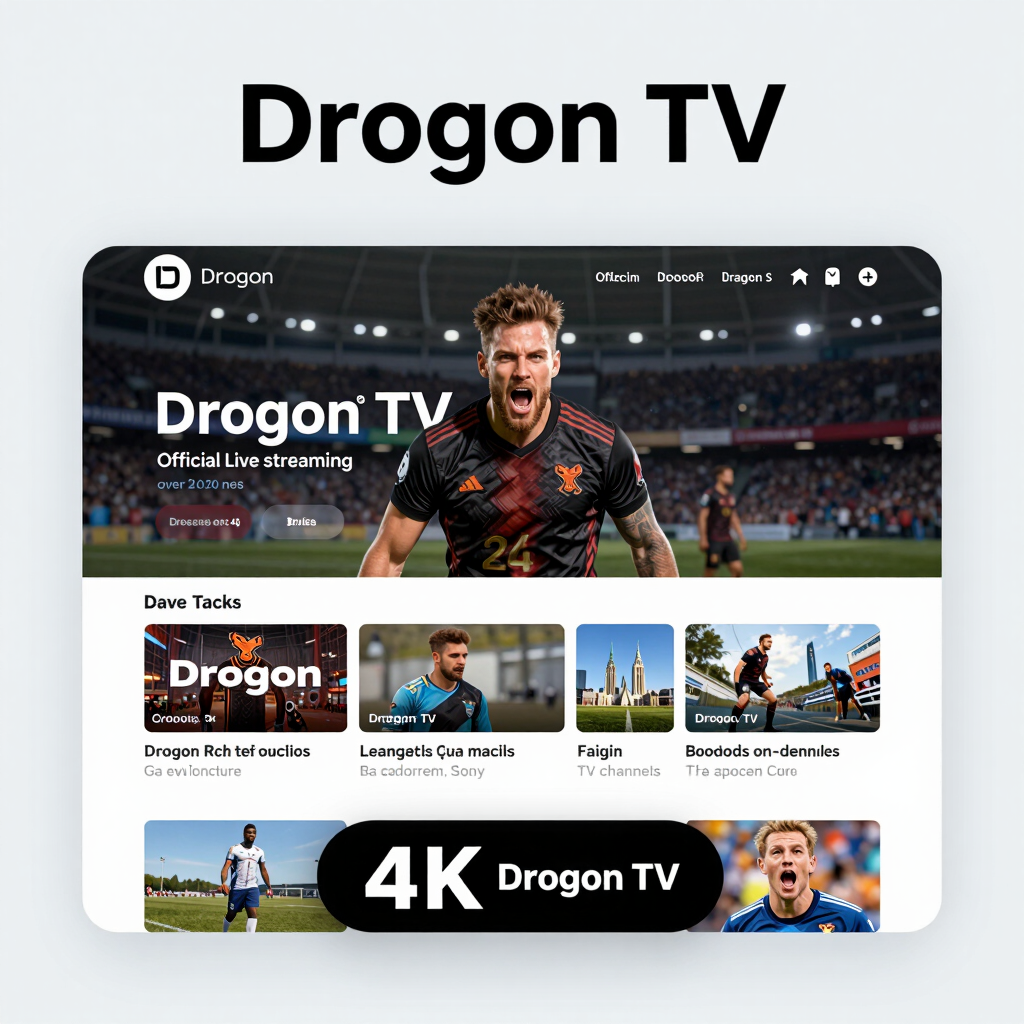 Screenshot of the Drogon TV streaming app interface with a soccer player, featuring live streaming, 4K content, and various