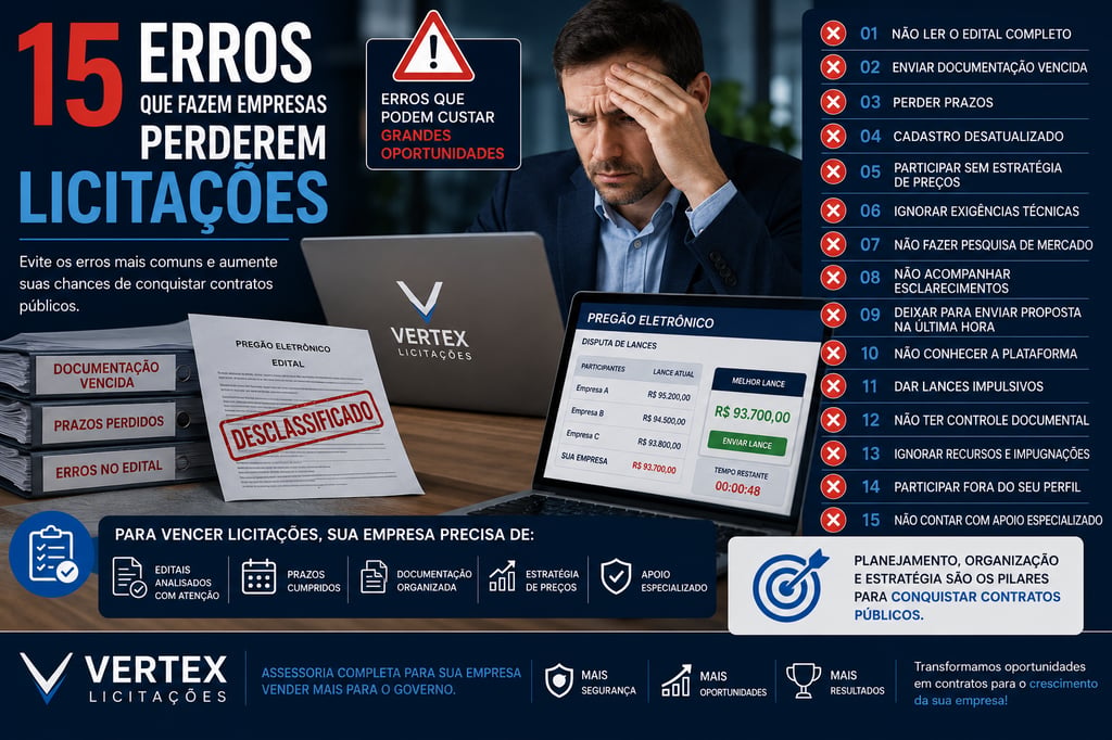 Infográfico detalhando 15 erros comuns em licitações públicas para empresas que buscam contratos com o governo.