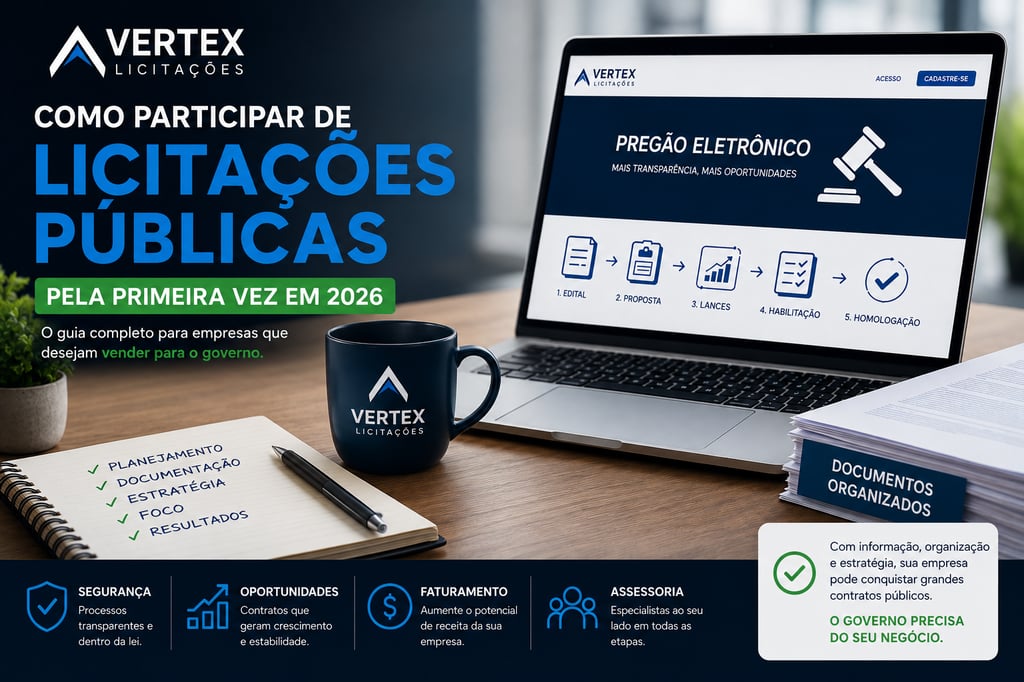 Guia de licitações públicas 2026 da Vertex com notebook mostrando as etapas do pregão eletrônico.