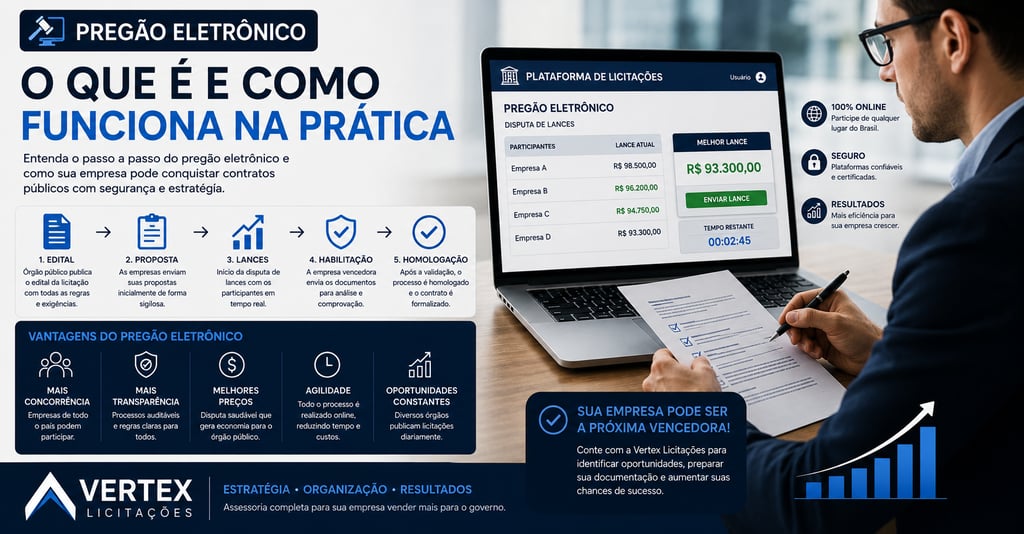 Infográfico explicativo sobre como funciona o pregão eletrônico para licitações públicas com consultoria Vertex.