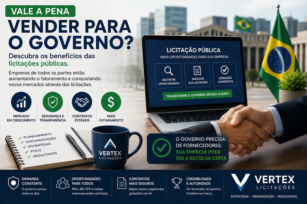 Professional office setting showing a business handshake near a laptop with public bidding icons for government contracts.