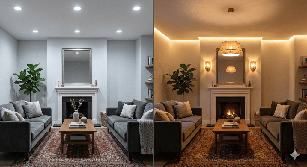 Comparação da iluminação de uma sala de estar mostrando luzes frias versus iluminação quente