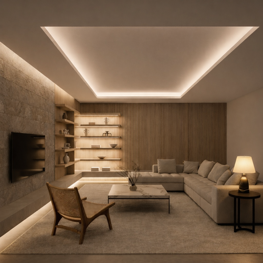 Projeto de iluminação residencial com luz indireta quente em sala contemporânea projetada por arquiteta em São Paulo