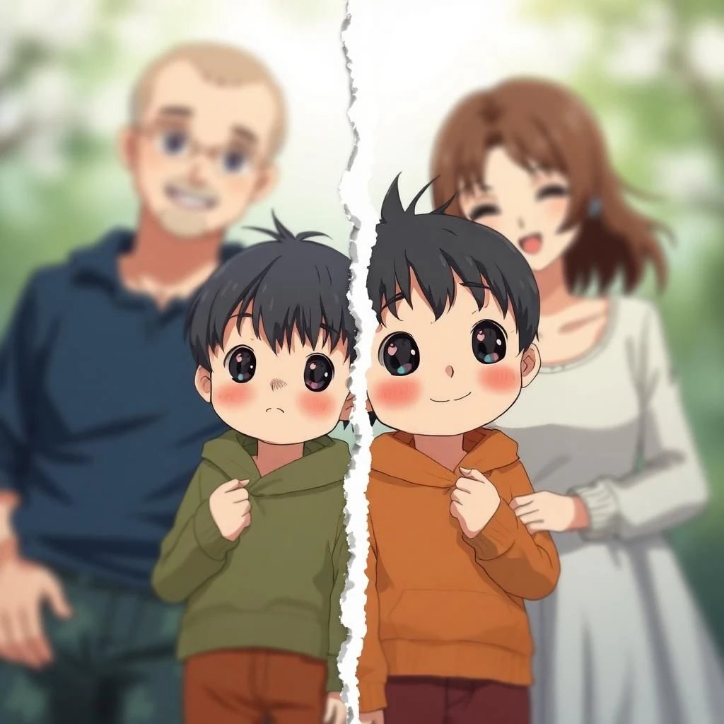 photo déchirée d'une famille en style anime manga, deux enfants, le père et la mère derrière