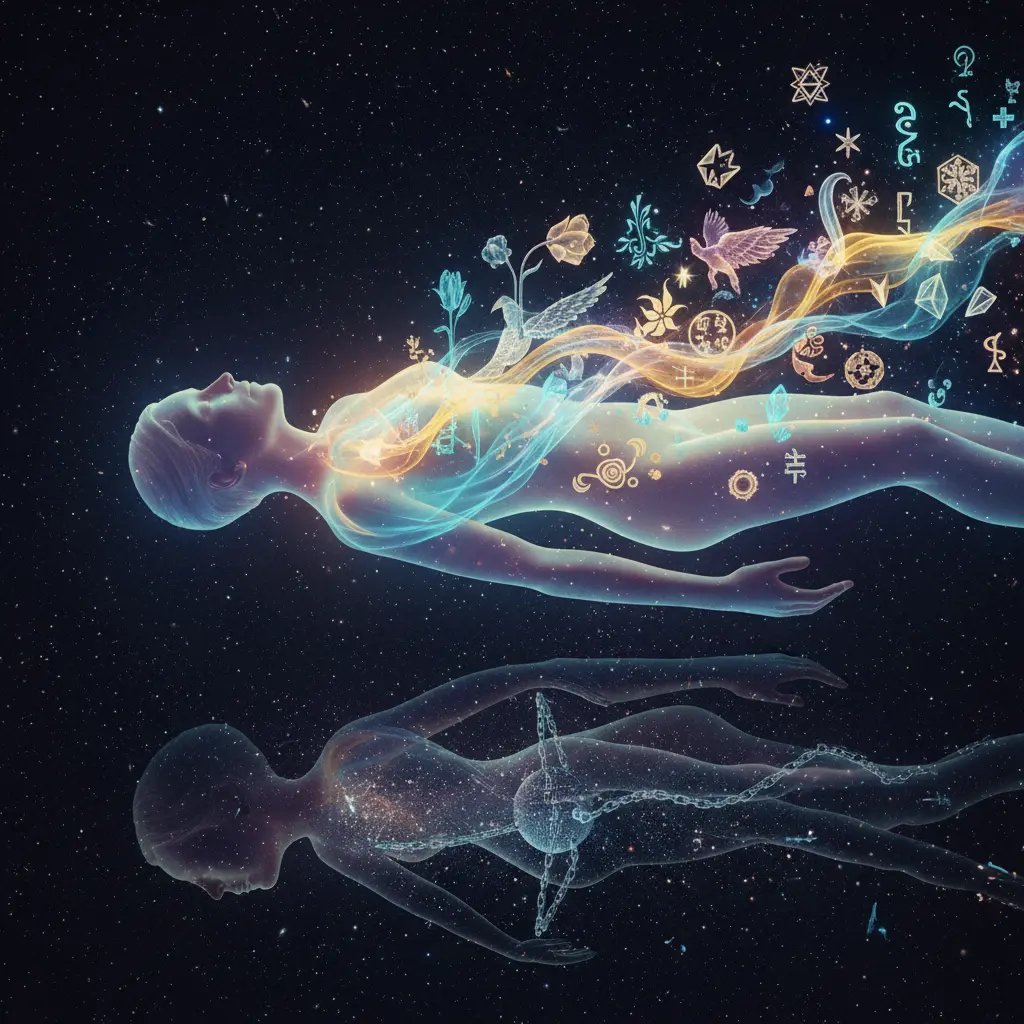 Ethereal human figure awakening to light and symbols,visualizing generative creativity emerging from deep inner consciousness