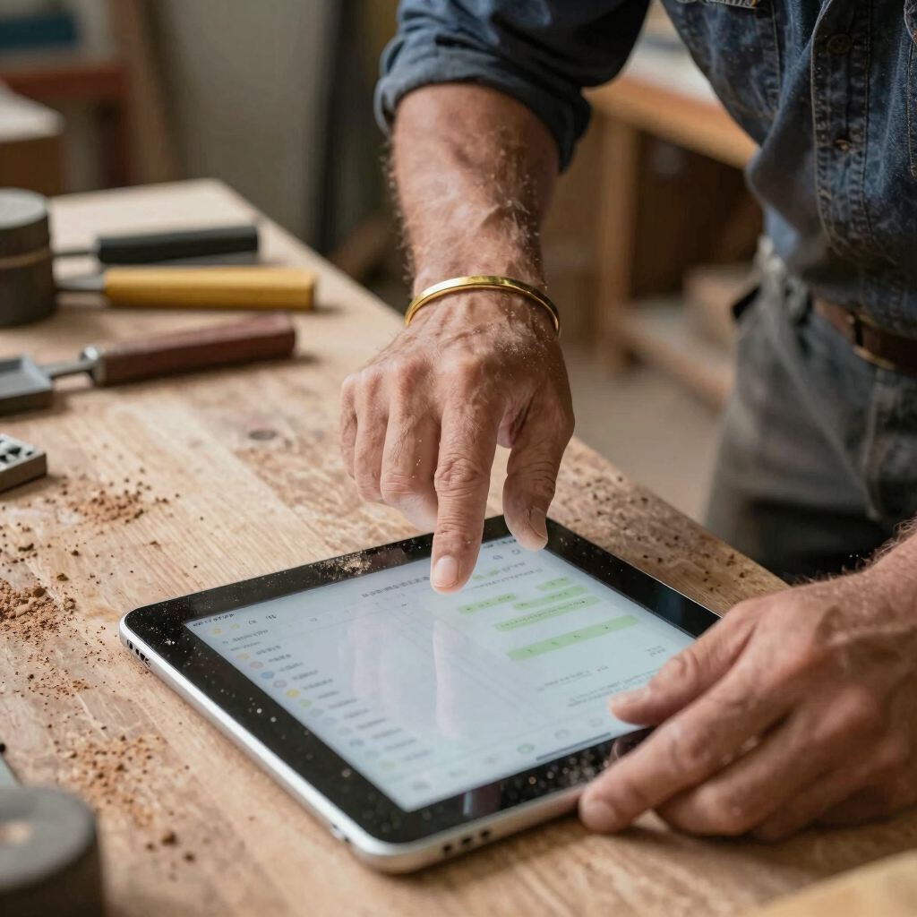 A cozy workshop corner with handcrafted wooden cutting boards stacked neatly beside a window with soft natural light.