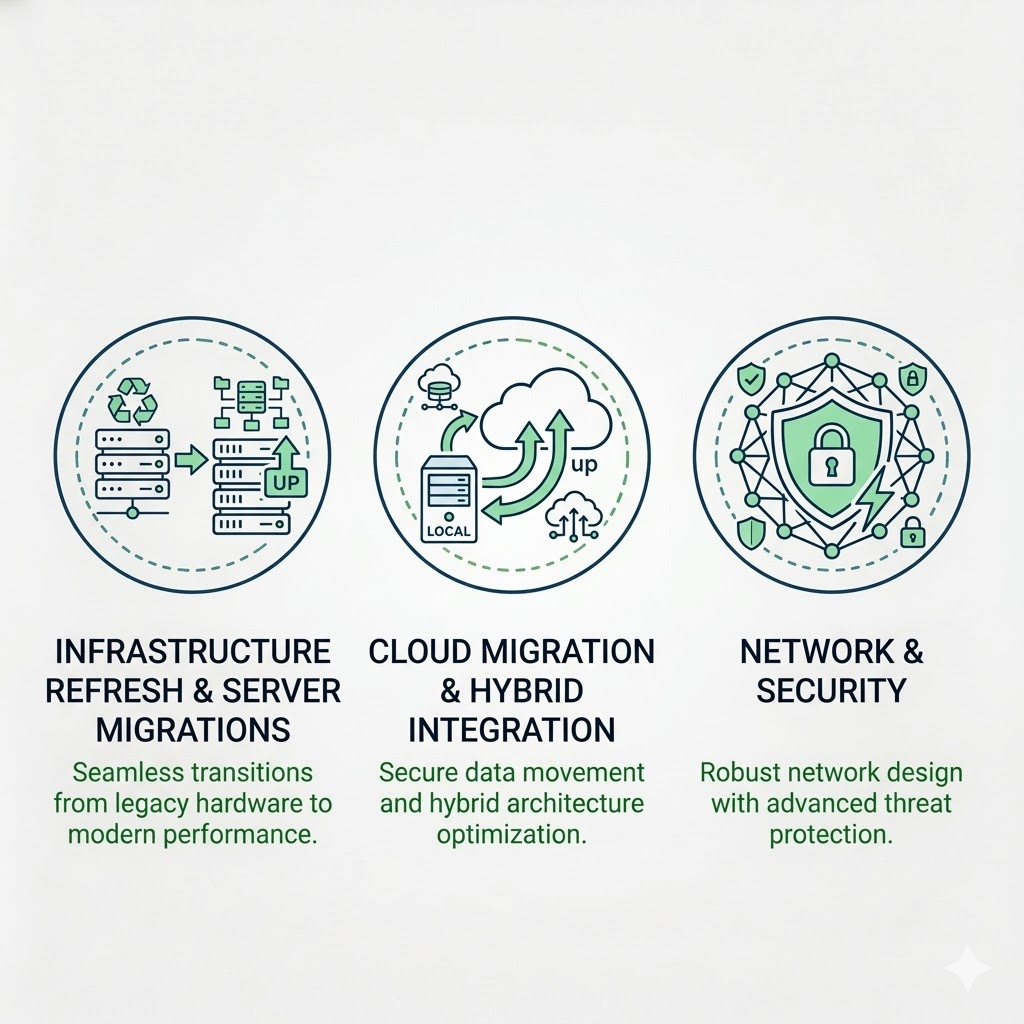 IT project services, Infrastructure Refresh, Microsoft Azure Cloud Migration, and Enterprise Network Security Hardening.