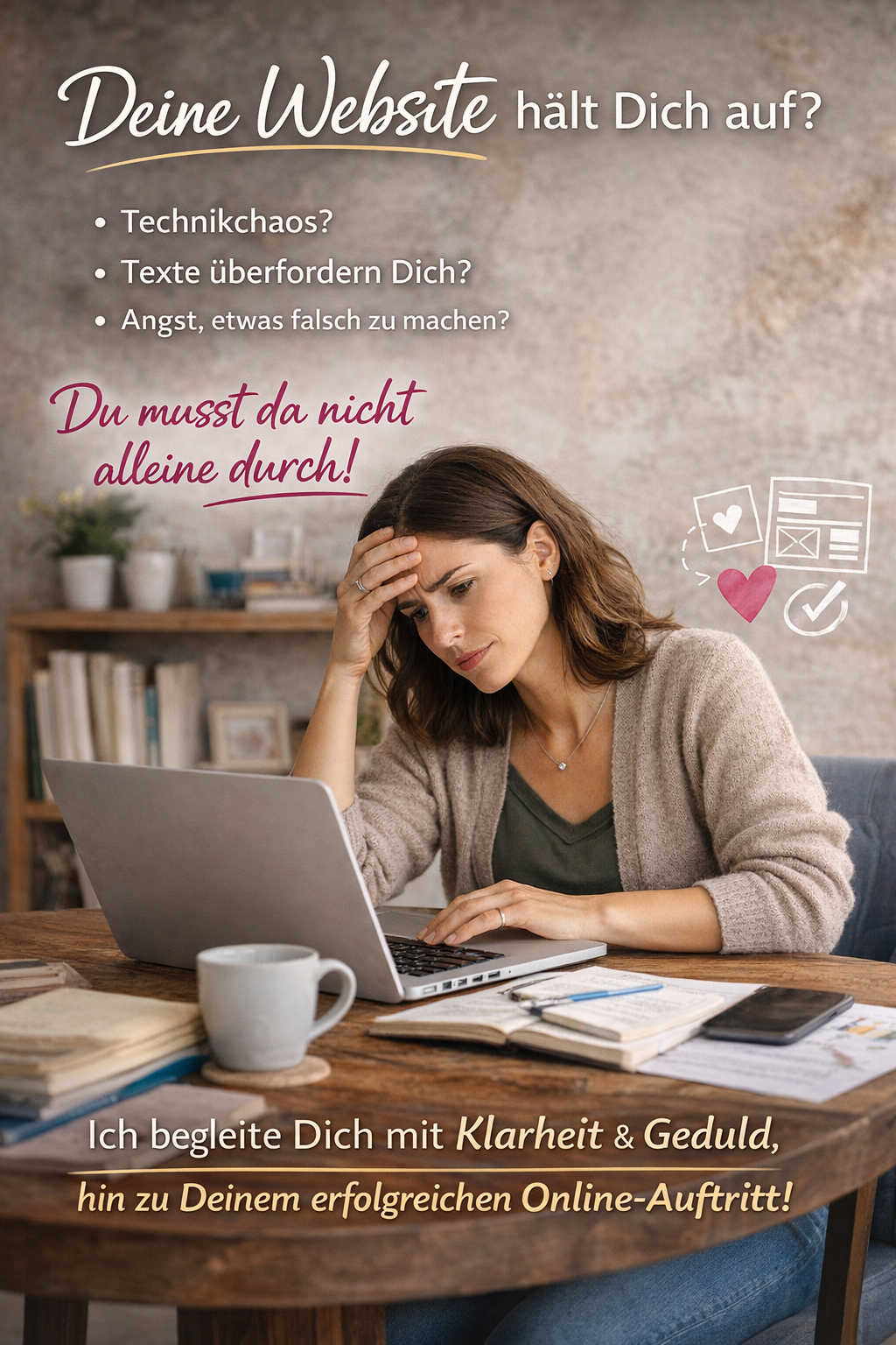 Verzweifelte Frau sitzt am Schreibtisch vor ihrem Laptop, sie will online sichtbar werden.