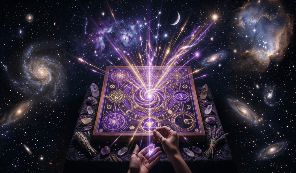Mystical crystal pendulum over a glowing sacred geometry altar with healing crystals and cosmic nebula background.