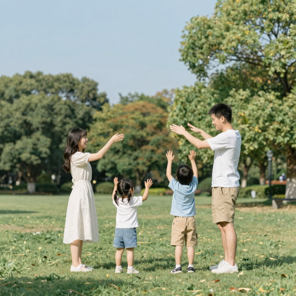 Padres adoptantes con sus hijos en un parque disfrutando del tiempo de licencia de maternidad