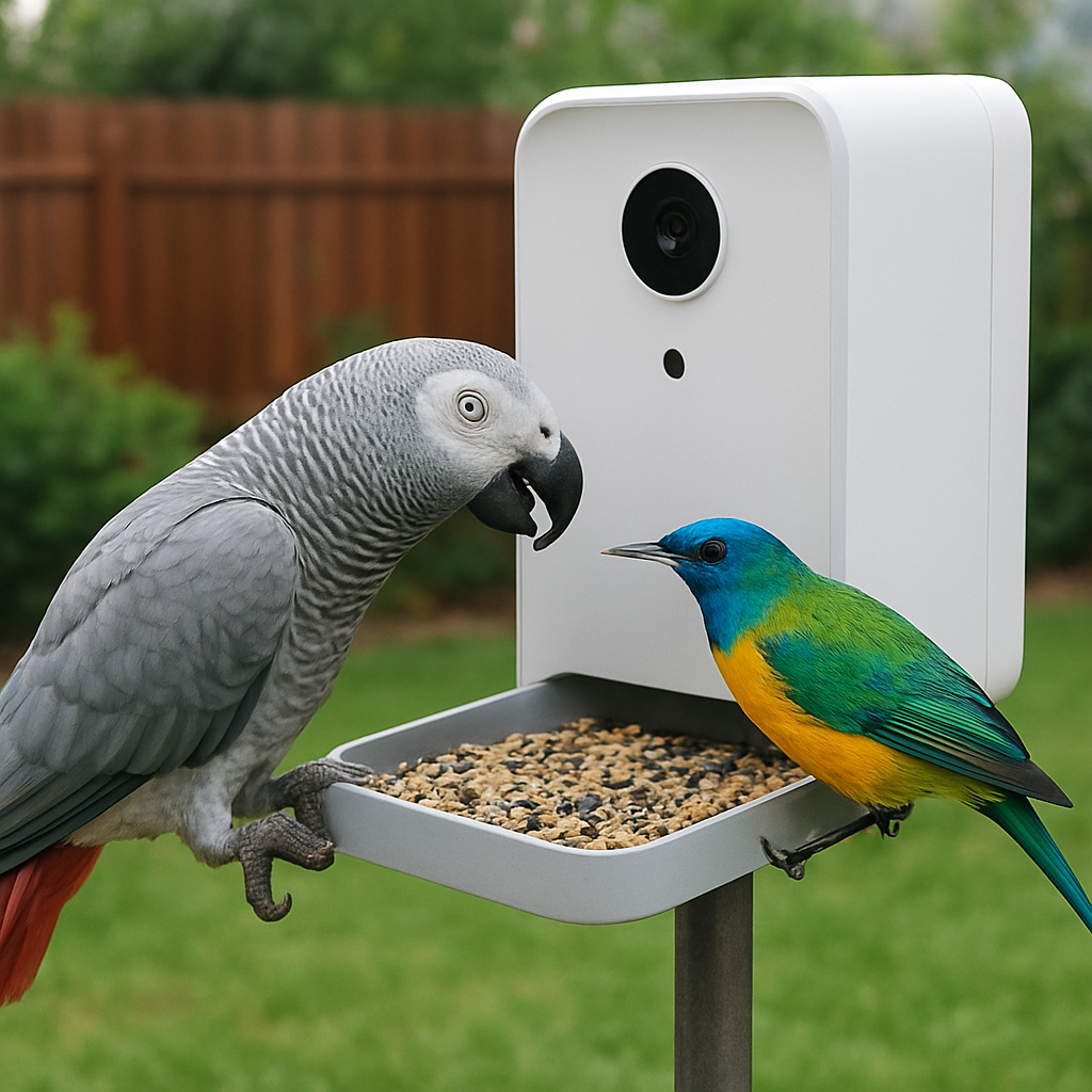 An African Grey parrot and a colorful songbird at a smart bird feeder with a camera.