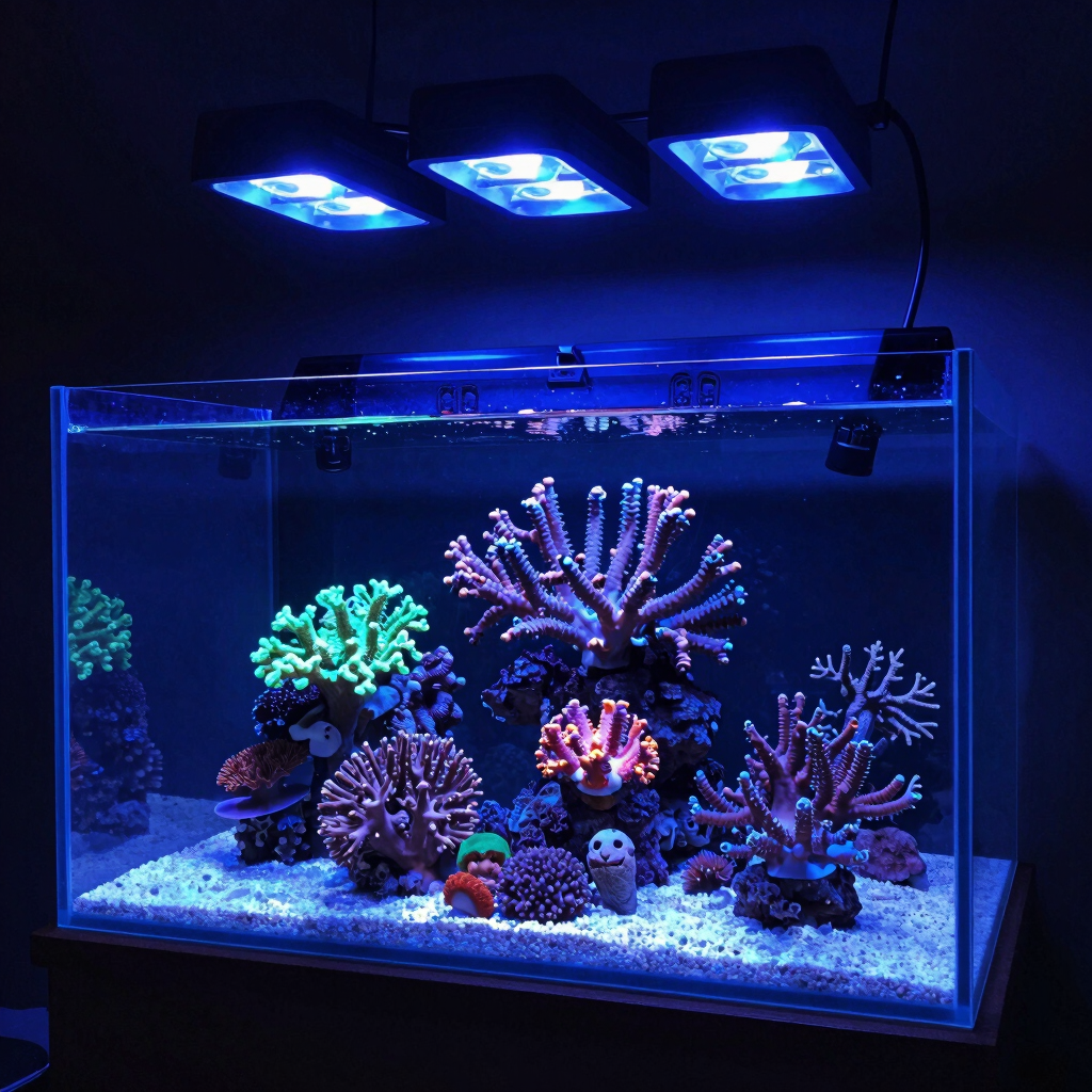 A vibrant saltwater reef tank aquarium featuring colorful coral species under blue LED lighting.