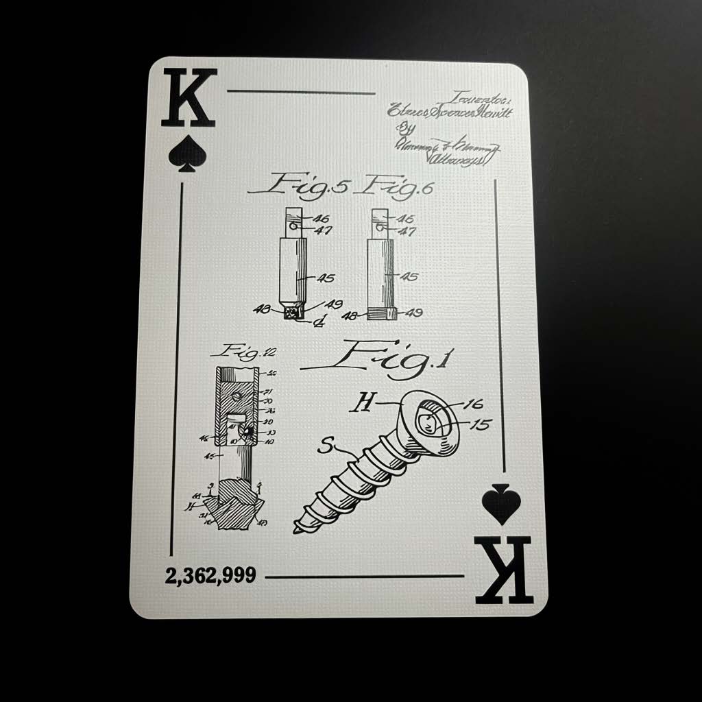 A king of clubs is shown face up on a black surface. Engineering drawings of a screw are centered.