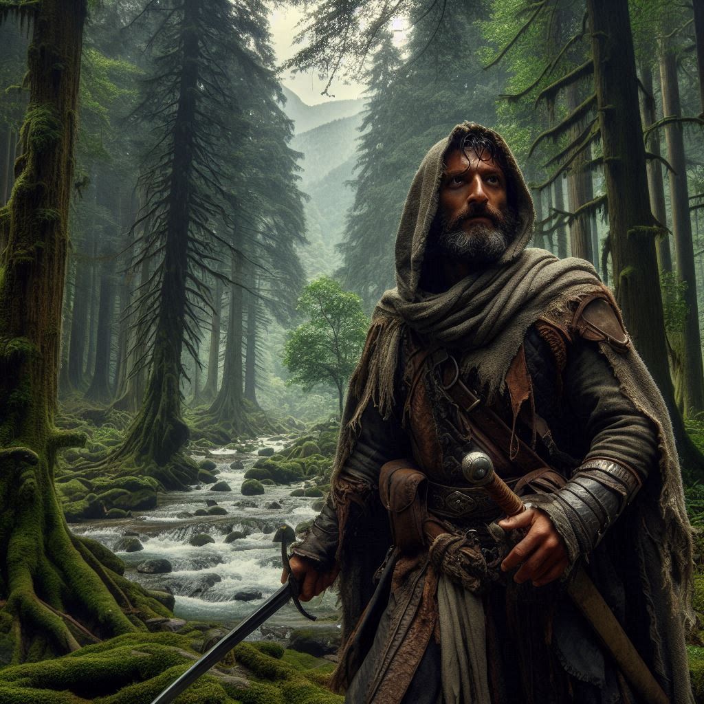 A bearded man in a hood carrying a medieval sword stands by a stream in the forest surveying his location