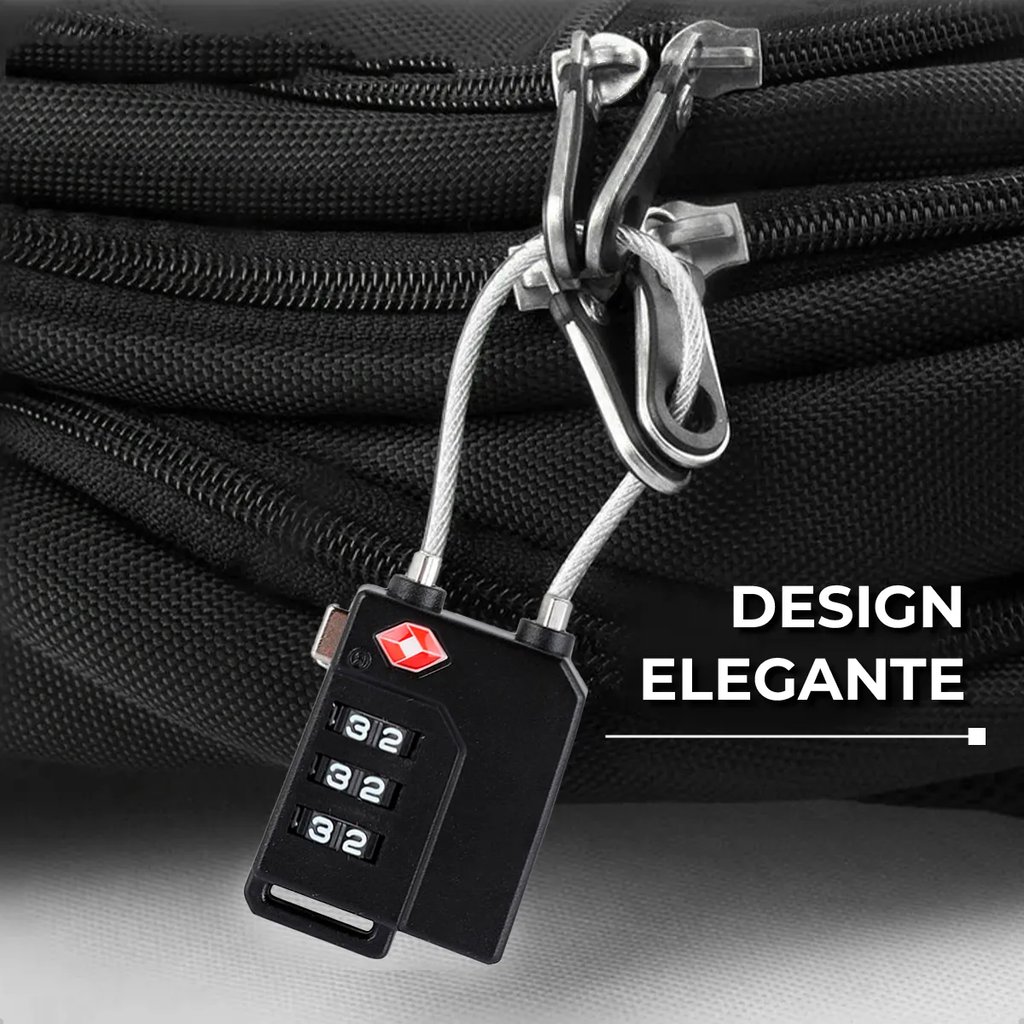 Black TSA approved combination cable lock securing a zipper on a travel backpack for luggage safety.