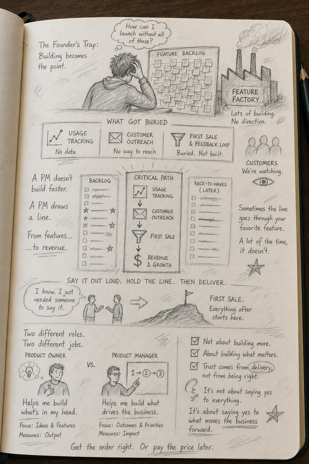 Pencil sketch of the differences between product owners and managers