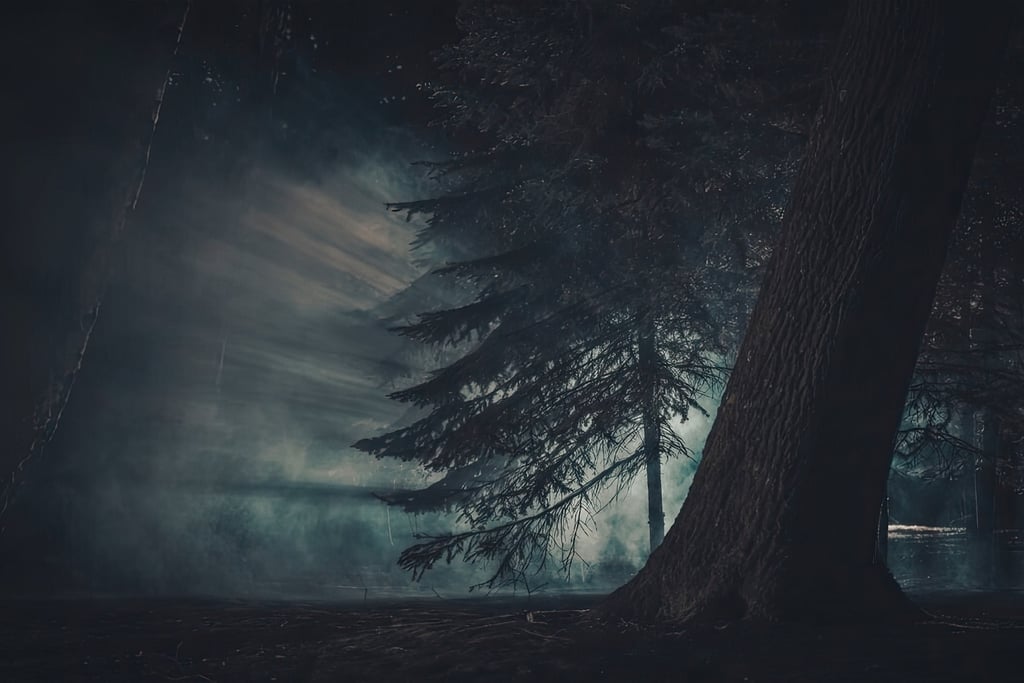 Dark forest and investigation setting representing years of paranormal research, spiritual learning