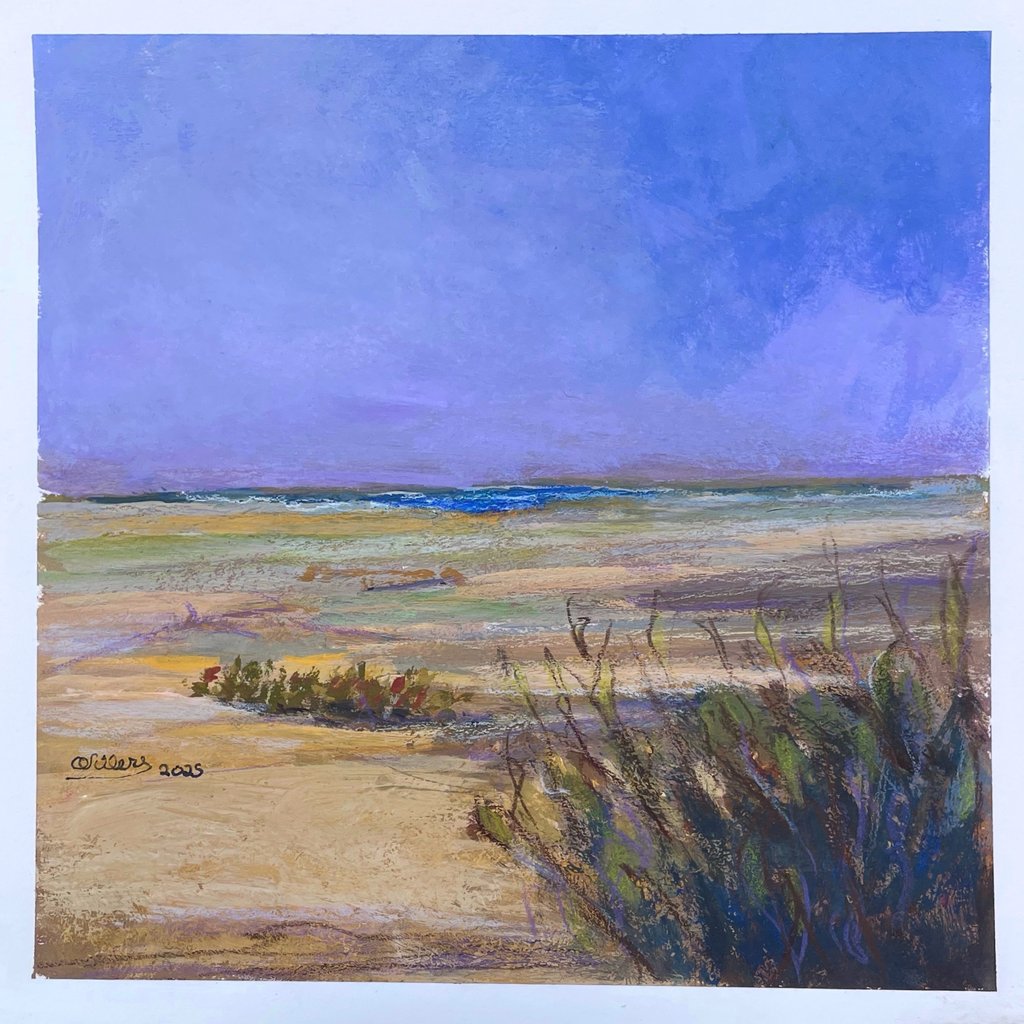 Impressionist gouach painting of a coastal landscape with sand dunes, beach grass, and a purple sky.