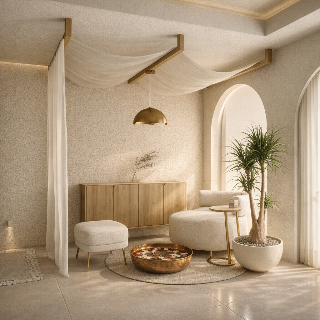 Projeto residencial na Barra da Tijuca com suíte, texturas claras e atmosfera acolhedora