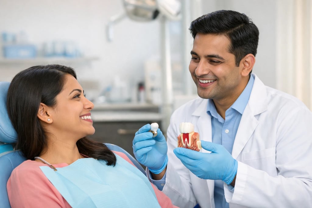 Dentist explaining dental crown after root canal treatment to patient in Greater Noida clinic