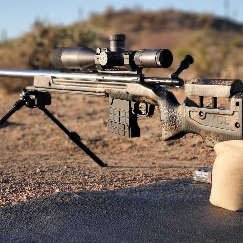 Precision rifle With MDT bipod and the magazine and Manners PRS TCS Zermat arms TL3 action