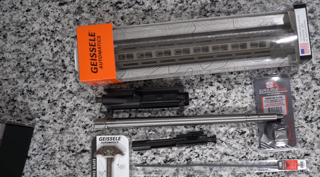 Geissele Super Modular Rail and AR-15 rifle build parts including barrel, gas block, and bolt carrier group.