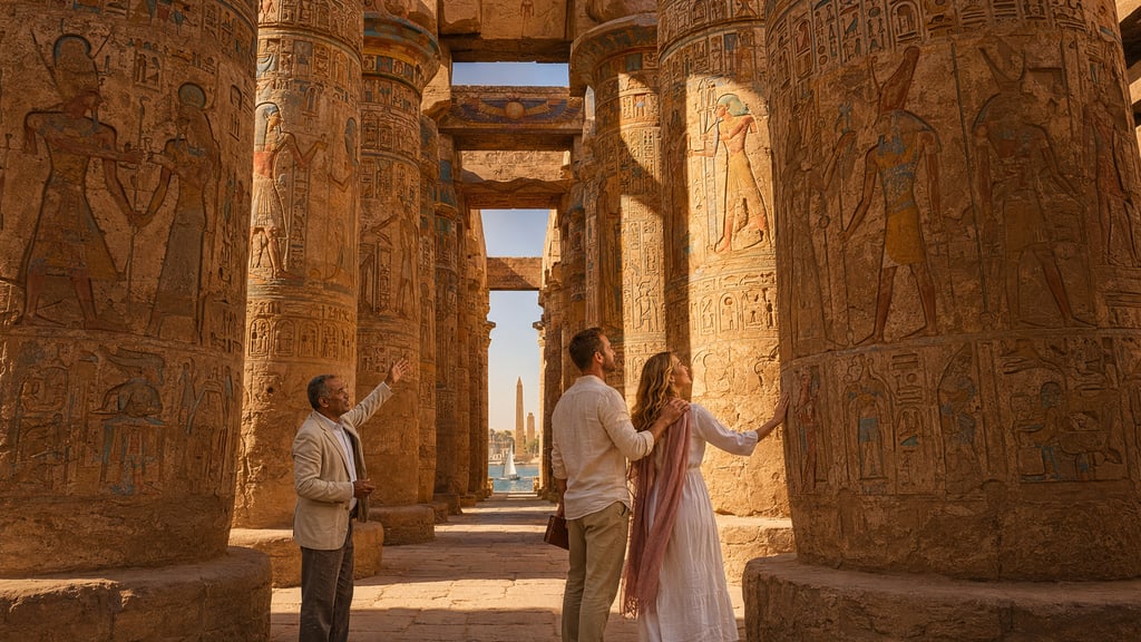Tourists and a guide exploring ancient Egyptian hieroglyphics on stone columns at Karnak Temple in Luxor.