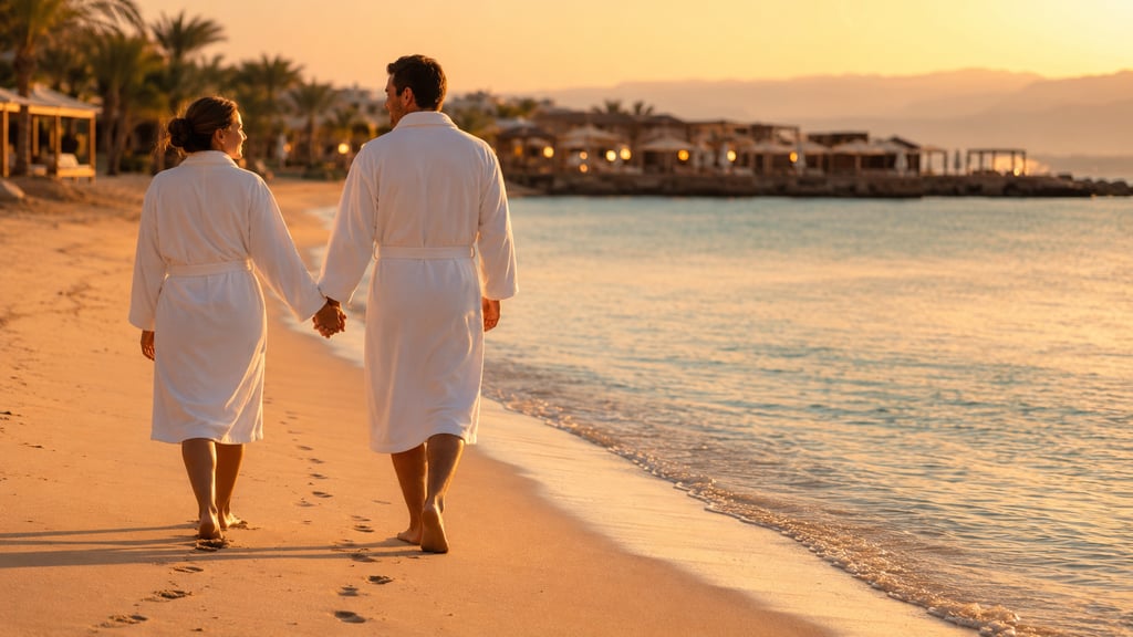 A couple in white robes walks hand-in-hand along a tropical beach at sunset during a luxury spa resort vacation.