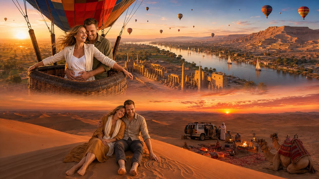 Couple enjoying a hot air balloon ride over Luxor and a desert sunset safari in Egypt.