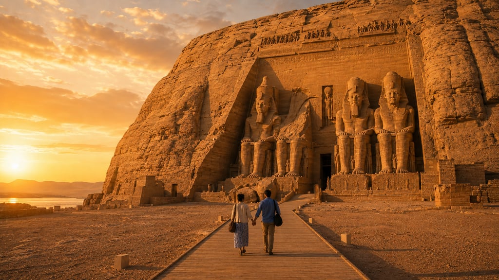 The Great Temple of Abu Simbel in Egypt during a golden sunset.